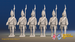 Seven Years’ War Russian Grenadiers - March Attack - Winter Uniform - Rolled Coats, front view. Supplied unpainted.