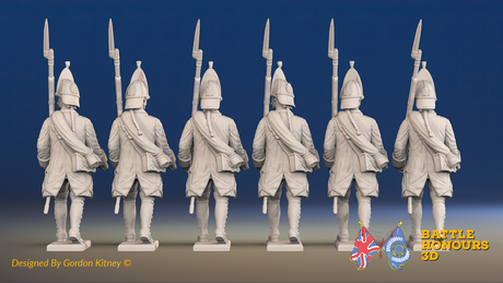 Seven Years’ War Russian Grenadiers - March Attack - Winter Uniform - Rolled Coats, rear view. Supplied unpainted.
