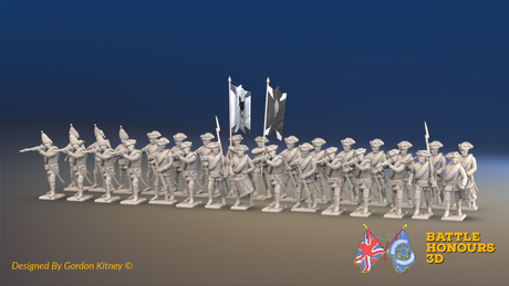 Seven Years’ War Russian Musketeer Battalion - Firing Line - Summer Uniform - Observation Corps - Rolled Coats - 30 Figures, front view. Supplied unpainted.