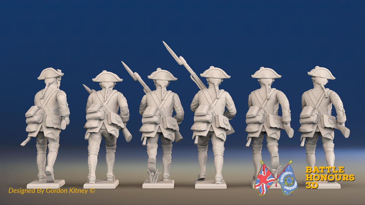 Seven Years’ War Prussian Musketeers - Charging - Pointed Lapel Lace, rear view. Supplied unpainted.