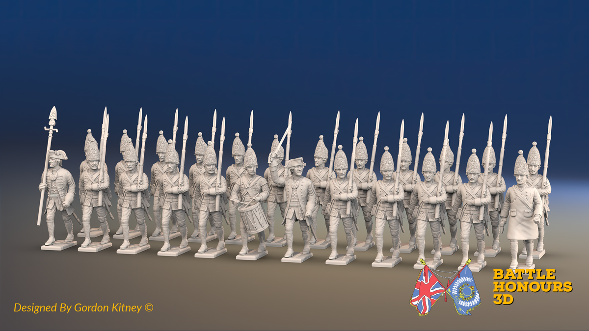 Seven Years’ War Prussian Grenadier Battalion - March Attack - Pointed Lapel Lace and Coats Without Lapels - 24 Figures, front view. Supplied unpainted.