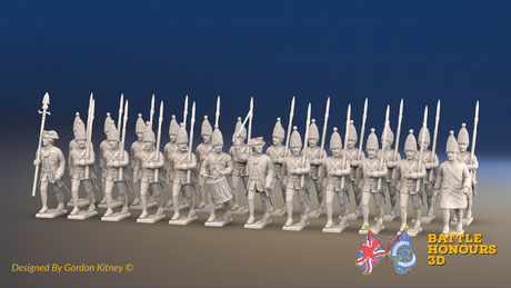 Seven Years’ War Prussian Grenadier Battalion - March Attack - Set 3 and 4 - 24 Figures, front view. Supplied unpainted.