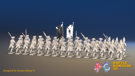 Seven Years’ War Russian Musketeer Battalion - Advancing - Winter Uniform - Observation Corps - Rolled Cloaks - 30 Figures, rear view. Supplied unpainted.