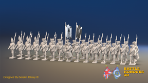 Seven Years’ War Russian Musketeer Battalion - March Attack - Summer Uniform - Observation Corps - Rolled Coats - 30 Figures, front view. Supplied unpainted.