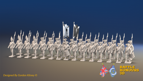 Seven Years’ War Russian Musketeer Battalion - March Attack - Summer Uniform - Observation Corps - Rolled Coats - 30 Figures, front view. Supplied unpainted.
