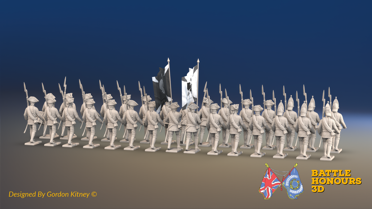 Seven Years’ War Russian Musketeer Battalion - March Attack - Summer Uniform - Observation Corps - Rolled Coats - 30 Figures, rear view. Supplied unpainted.