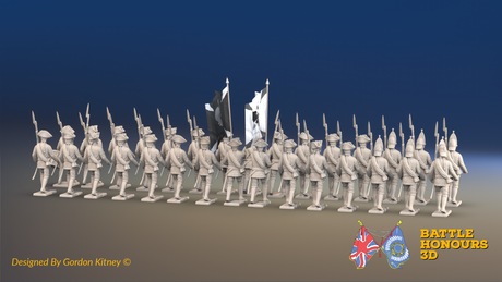 Seven Years’ War Russian Musketeer Battalion - March Attack - Summer Uniform - Observation Corps - Rolled Coats - 30 Figures, rear view. Supplied unpainted.
