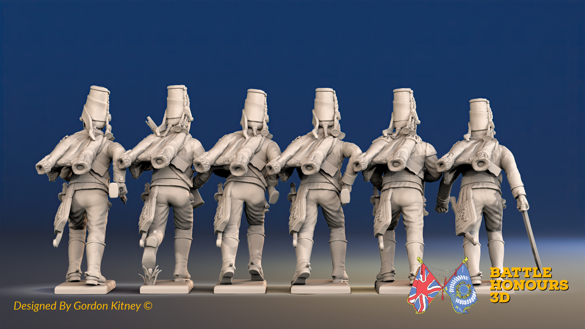 Seven Years’ War Prussian Dismounted Hussars - Charging - Mirlitons, Set 2, rear view. Supplied unpainted.