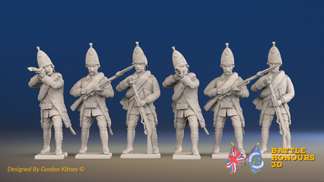 Seven Years’ War Russian Grenadiers - Firing - Winter Uniform - Rolled Coats, front view. Supplied unpainted.