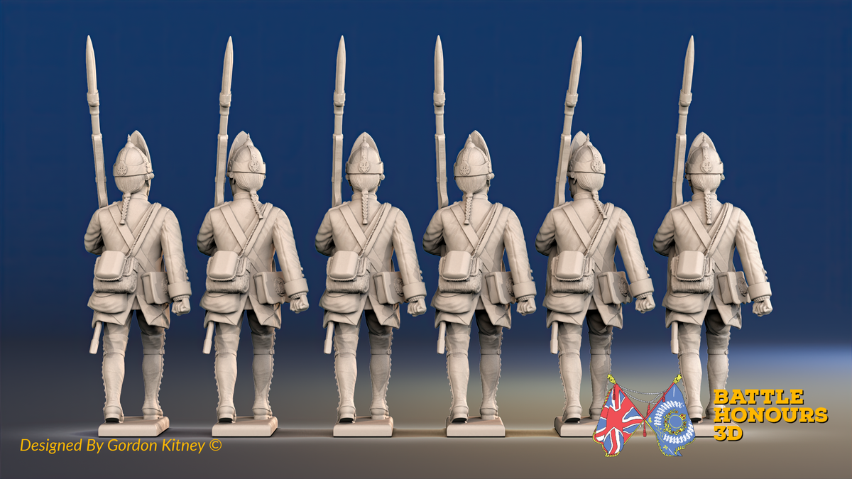 Seven Years’ War Prussian Fusiliers - March Attack - Set 1, rear view. Supplied unpainted.