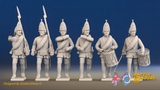 Seven Years’ War Russian Grenadiers Command - Summer Uniform - Rolled Coats, front view. Supplied unpainted.