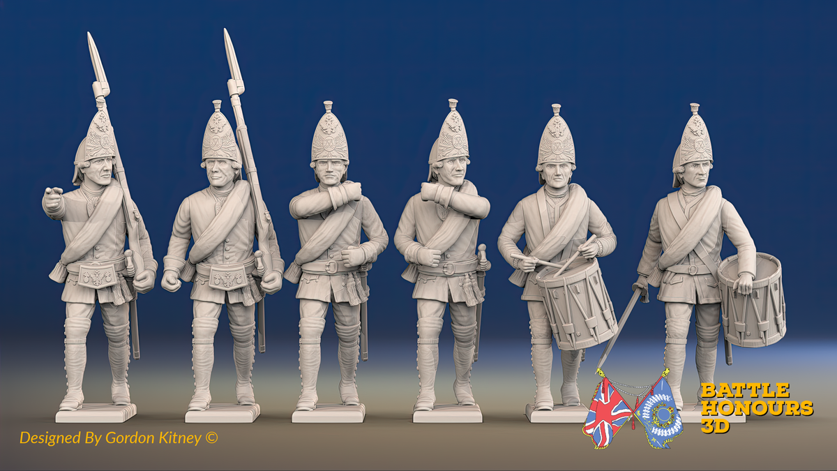 Seven Years’ War Russian Grenadiers Command - Summer Uniform - Rolled Coats, front view. Supplied unpainted.