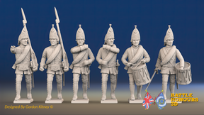Seven Years’ War Russian Grenadiers Command - Summer Uniform - Rolled Coats, front view. Supplied unpainted.