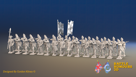 Seven Years’ War Prussian Fusilier Battalion - Firing Line - Set 1 - 30 Figures, front view. Supplied unpainted.