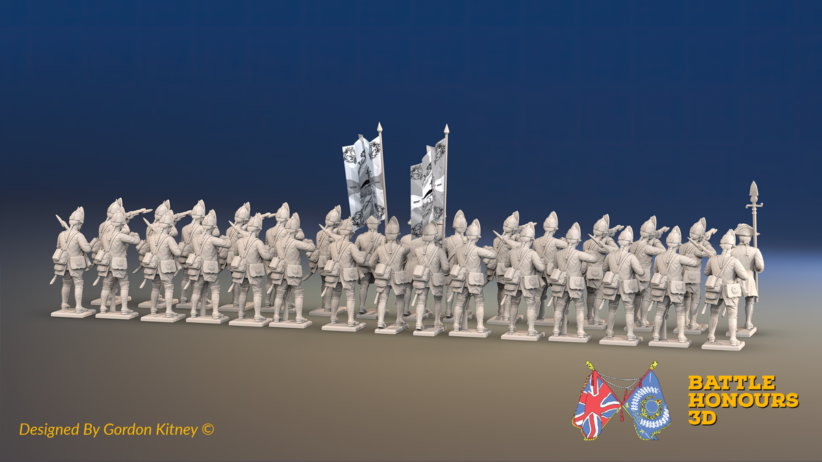 Seven Years’ War Prussian Fusilier Battalion - Firing Line - Set 1 - 30 Figures, rear view. Supplied unpainted.