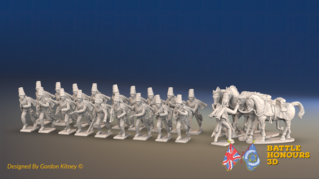 Seven Years’ War Prussian Dismounted Hussars - Charging - Mirlitons, Set 2 - 19 Figures and 4 Horses, front view. Supplied unpainted.