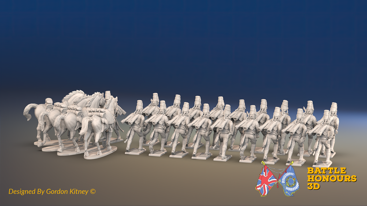 Seven Years’ War Prussian Dismounted Hussars - Charging - Mirlitons, Set 2 - 19 Figures and 4 Horses, rear view. Supplied unpainted.