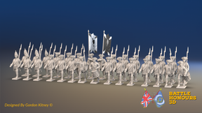 Seven Years’ War Russian Musketeer Battalion - March Attack - Winter Uniform - 30 Figures, front view. Supplied unpainted.
