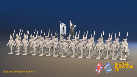 Seven Years’ War Russian Musketeer Battalion - March Attack - Winter Uniform - 30 Figures, front view. Supplied unpainted.