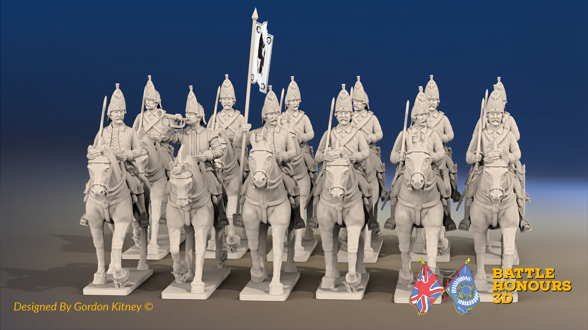 Seven Years’ War Russian Horse Grenadier Regiment - 12 Mounted Figures, front view. Supplied unpainted.