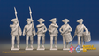 Seven Years’ War Russian Musketeers Command - Summer Uniform - Rolled Coats, front view. Supplied unpainted.