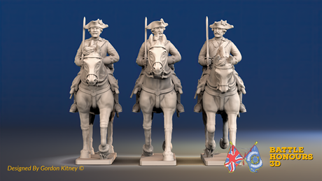 Seven Years’ War Prussian Dragoons - Trotting - Set 1, front view. Supplied unpainted.
