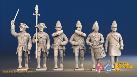 Seven Years’ War Prussian Fusiliers Command - March Attack - Set 3, front view. Supplied unpainted.
