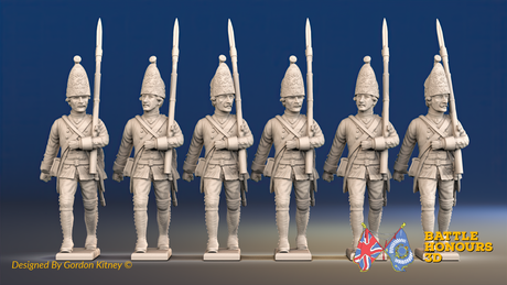 Seven Years’ War Prussian Garrison Grenadiers - March Attack - Set 4, front view. Supplied unpainted.