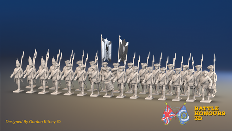 Seven Years’ War Russian Musketeer Battalion - March Attack - Winter Uniform - Observation Corps - Rolled Coats - 30 Figures, front view. Supplied unpainted.