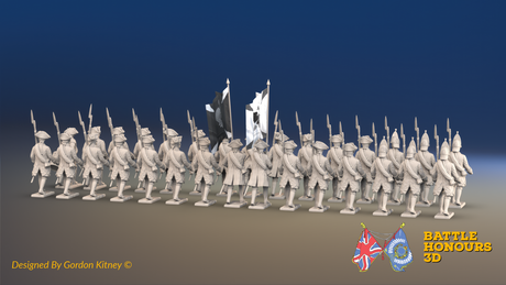 Seven Years’ War Russian Musketeer Battalion - March Attack - Winter Uniform - Observation Corps - Rolled Coats - 30 Figures, rear view. Supplied unpainted.