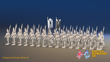 Seven Years’ War Russian Grenadier Battalion - March Attack - Summer Uniform - Observation Corps - Rolled Coats - 30 Figures, front view. Supplied unpainted.