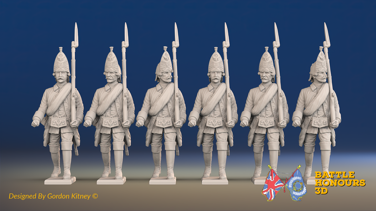 Seven Years’ War Russian Grenadiers - March Attack - Winter Uniform - Observation Corps - Rolled Coats, front view. Supplied unpainted.