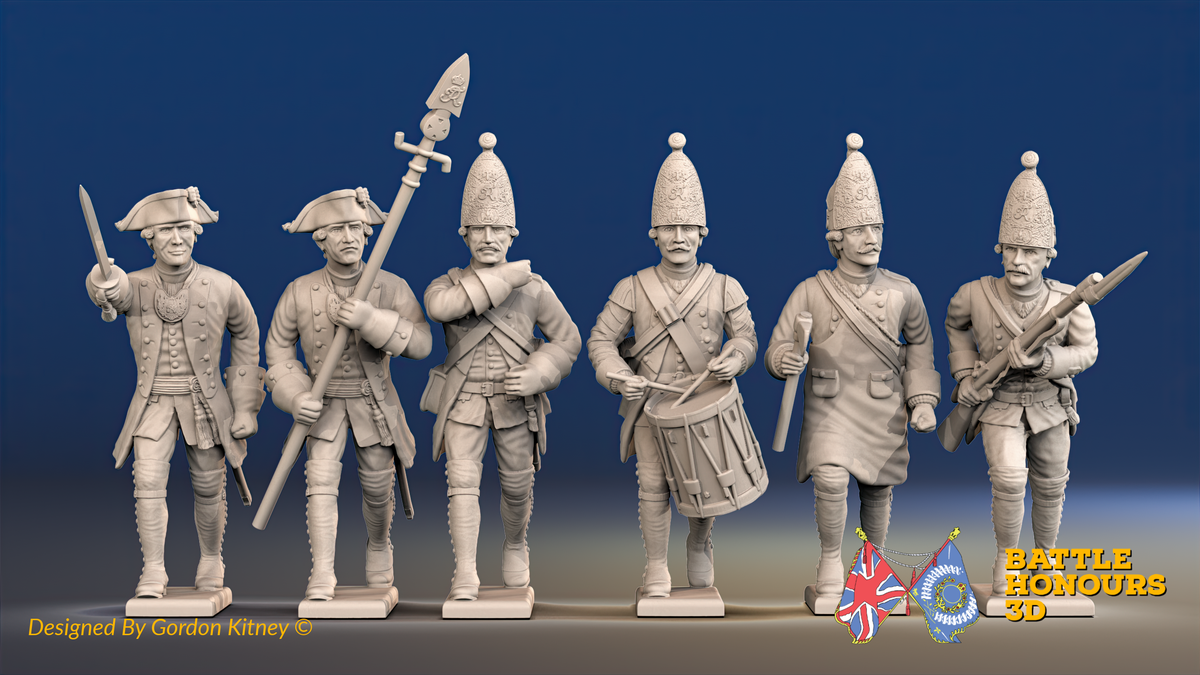 Seven Years’ War Prussian Grenadiers Command - Charging - Plain Lapels, front view. Supplied unpainted.