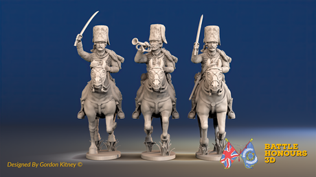 Seven Years’ War Prussian Hussars Command - Galloping - Fur Caps, front view. Supplied unpainted.
