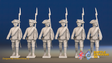 Seven Years’ War Russian Musketeers - March Attack - Summer Uniform - Observation Corps - Rolled Cloaks, front view. Supplied unpainted.
