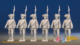 Seven Years’ War Russian Musketeers - March Attack - Summer Uniform - Observation Corps - Rolled Cloaks, front view. Supplied unpainted.