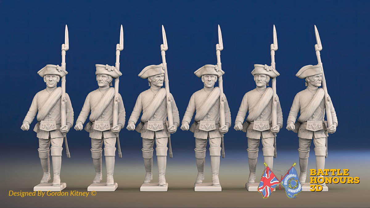 Seven Years’ War Russian Musketeers - March Attack - Summer Uniform - Observation Corps - Rolled Cloaks, front view. Supplied unpainted.