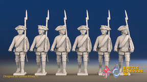 Seven Years’ War Russian Musketeers - March Attack - Summer Uniform - Observation Corps - Rolled Cloaks, front view. Supplied unpainted.