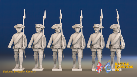 Seven Years’ War Russian Musketeers - March Attack - Summer Uniform - Observation Corps - Rolled Coats, front view. Supplied unpainted.