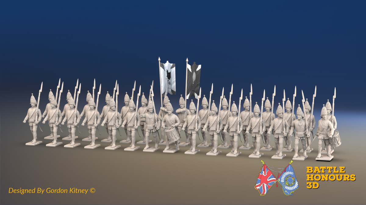 Seven Years’ War Russian Grenadier Battalion - March Attack - Summer Uniform - 30 Figures, front view. Supplied unpainted.
