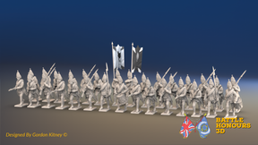 Seven Years’ War Russian Grenadier Battalion - Advancing - Winter Uniform - Rolled Cloaks - 30 Figures, front view. Supplied unpainted.