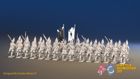 Seven Years’ War Russian Grenadier Battalion - Advancing - Winter Uniform - Rolled Coats - 30 Figures, rear view. Supplied unpainted.