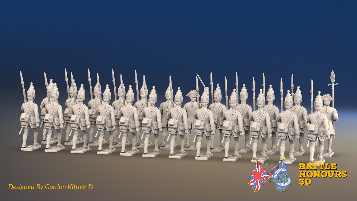 Seven Years’ War Prussian Grenadier Battalion - March Attack - Straight Lapel Lace - 30 Figures, rear view. Supplied unpainted.