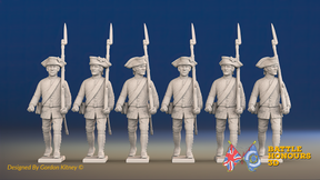 Seven Years’ War Russian Musketeers - March Attack - Summer Uniform, front view. Supplied unpainted.