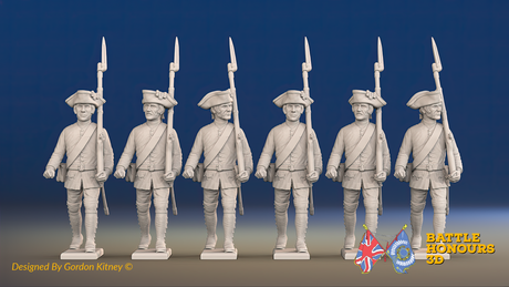 Seven Years’ War Russian Musketeers - March Attack - Summer Uniform, front view. Supplied unpainted.