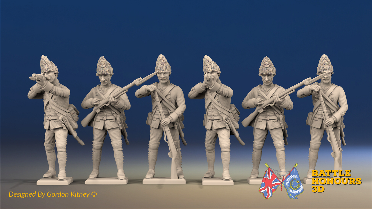 Seven Years’ War Prussian Fusiliers - Firing Line - Set 2, front view. Supplied unpainted.