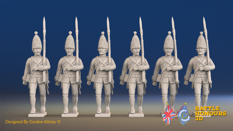Seven Years’ War Prussian Grenadiers - March Attack - Set 15, front view. Supplied unpainted.