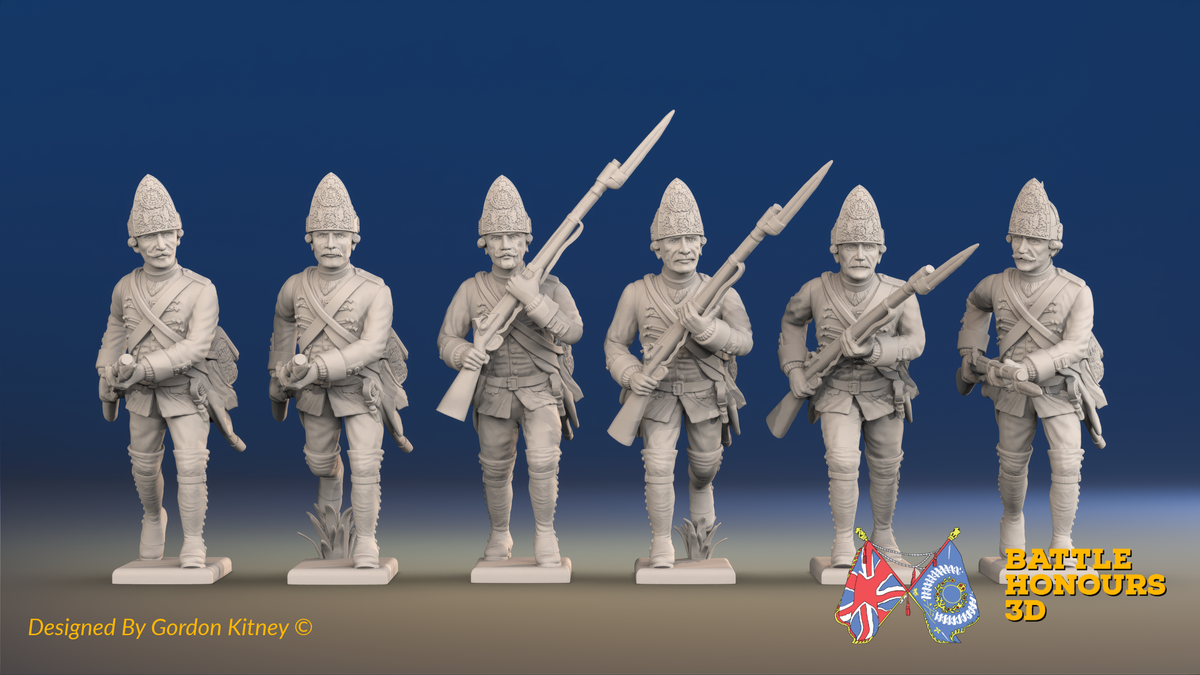 Seven Years’ War Prussian Fusiliers - Charging - Set 3, front view. Supplied unpainted.