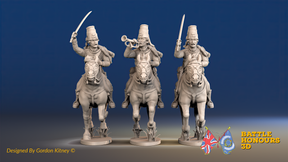 Seven Years’ War Prussian Hussars Command - Galloping - Mirlitons, Set 1, front view. Supplied unpainted.
