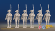 Seven Years’ War Prussian Musketeers - March Attack - Set 15, front view. Supplied unpainted.
